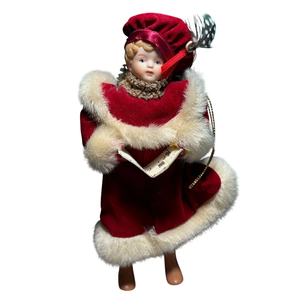 Christmas Ornament Red Velvet Victorian Caroler Porcelain Faux Fur Trim 6.5